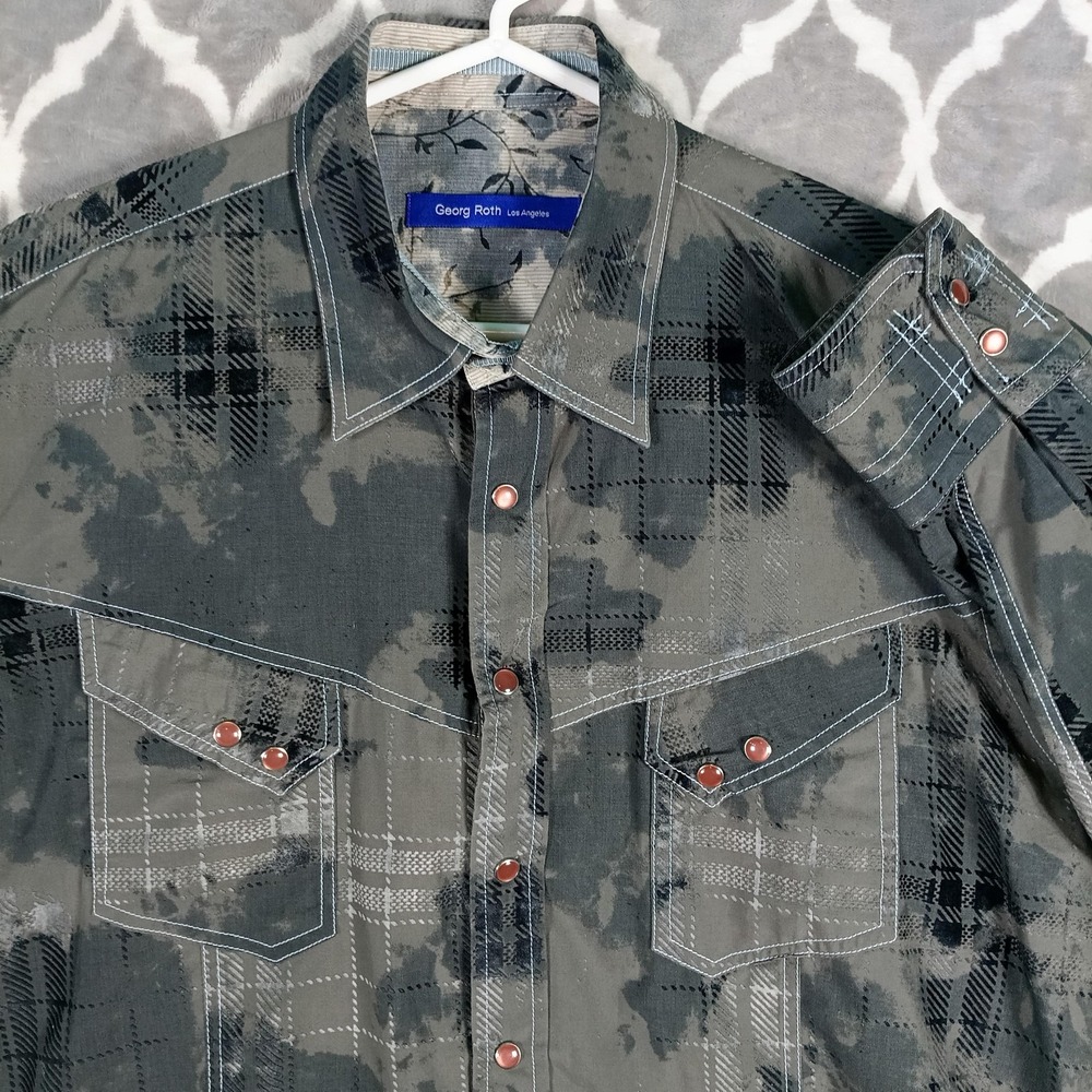George Roth Western Shirt Men XL Gray Plaid Pearl Snap Urban Streetwear